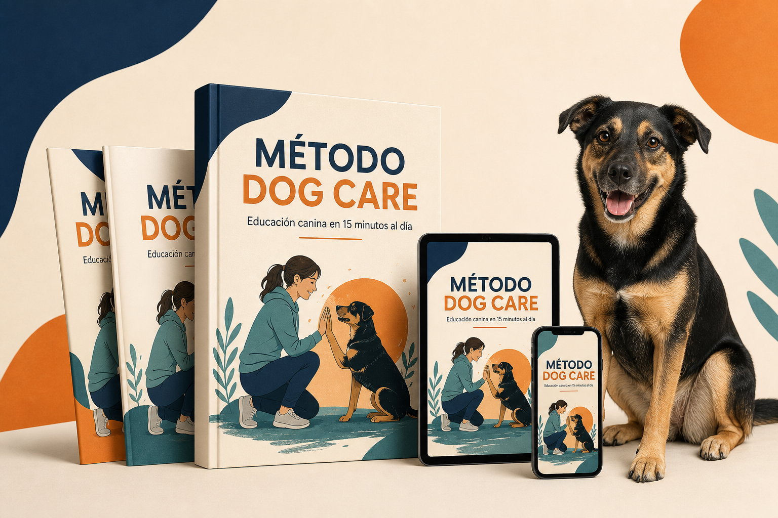 Método Dog Care en libro, tablet y móvil junto a un perro